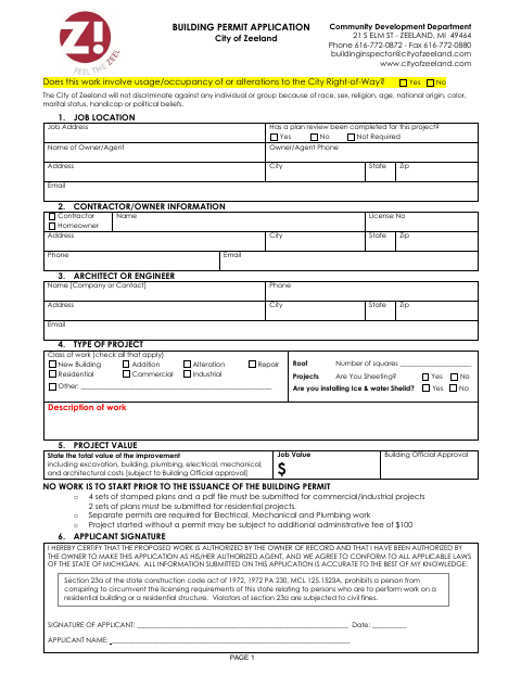 First page of the Building Permit Application