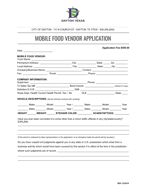First page of the Mobile Food Vendor Application