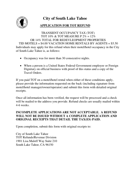 First page of the Application for TOT Refund