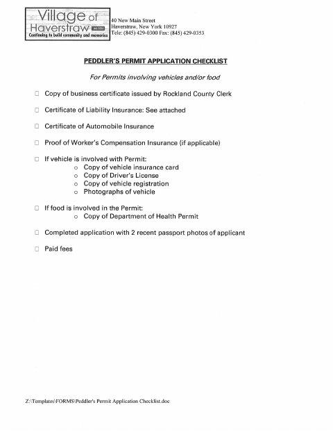 First page of the Application for Permit and License (Peddler's Application)