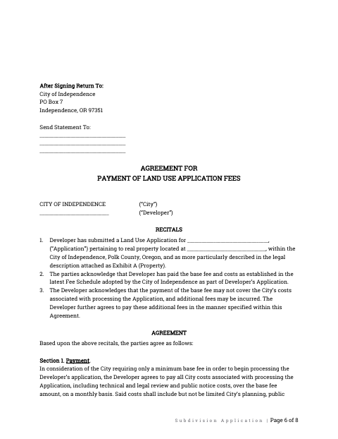 First page of the Agreement for Payment of Land Use Application Fees