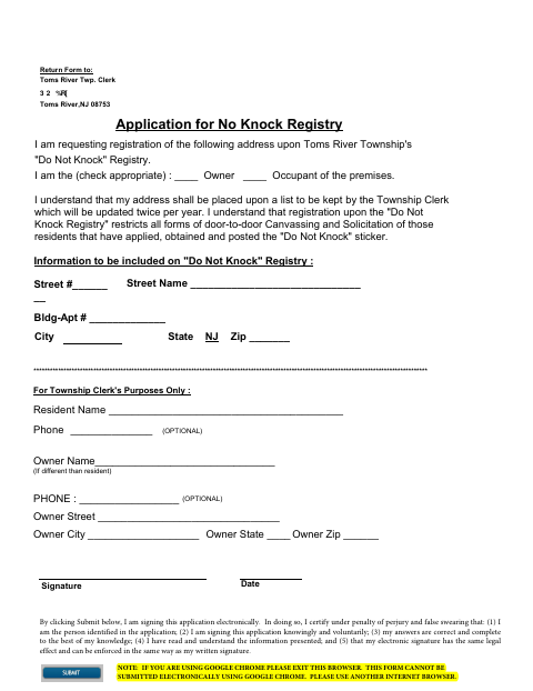 First page of the Application for No Knock Registry