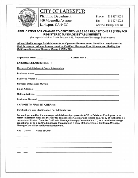First page of the Change to Certified Massage Practitioners Application
