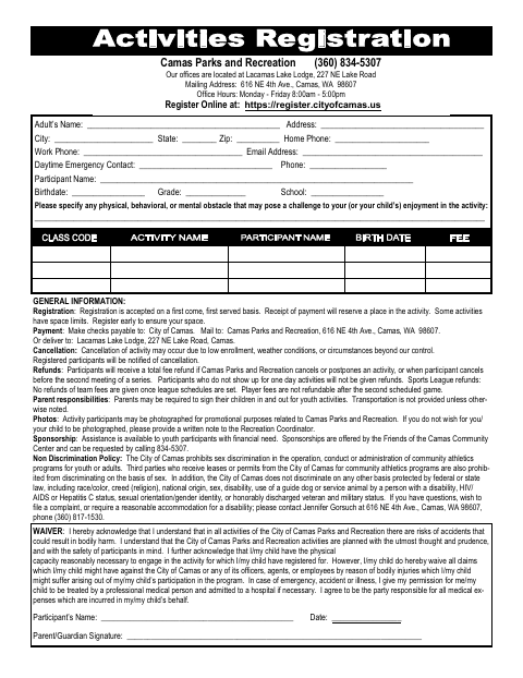 First page of the Class Registration Form