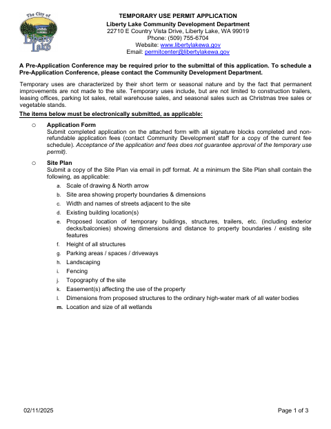 First page of the Temporary Use Permit Application