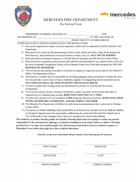 First page of the Fire Department Burn Permit