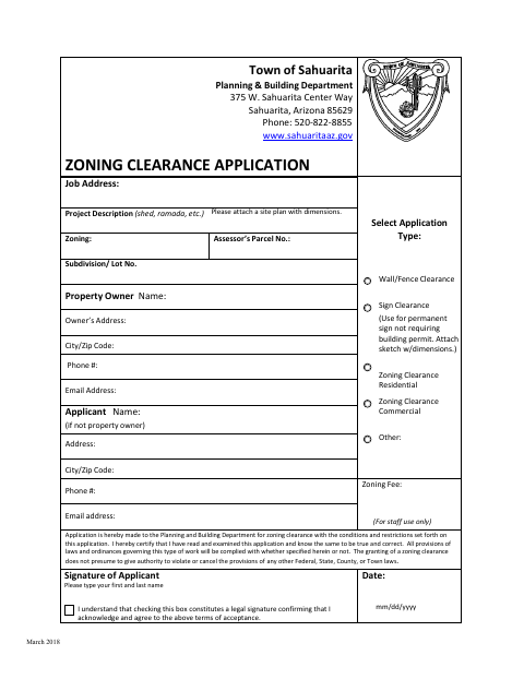 First page of the Zoning Clearance Application
