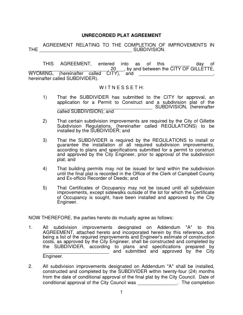 First page of the Unrecorded Plat Agreement
