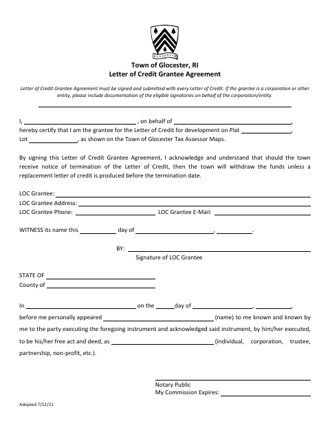 First page of the Letter of Credit Grantee Agreement