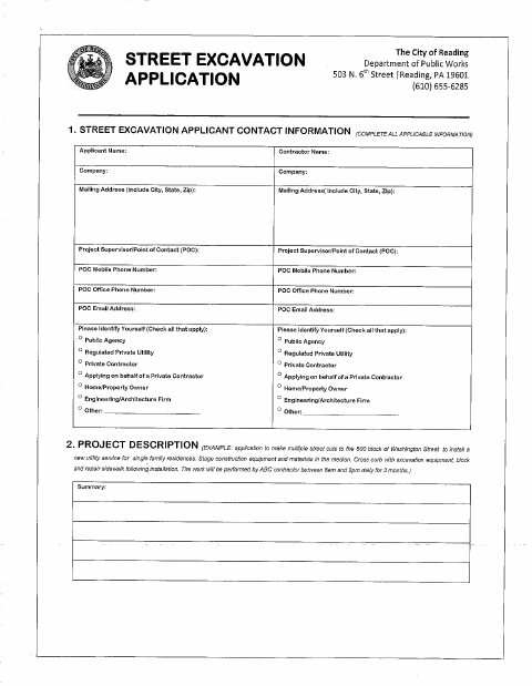 First page of the Street Excavation Application