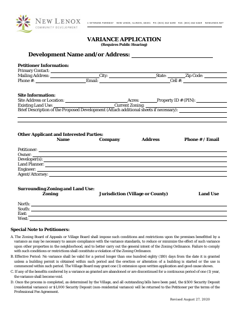 First page of the Variance Application Packet
