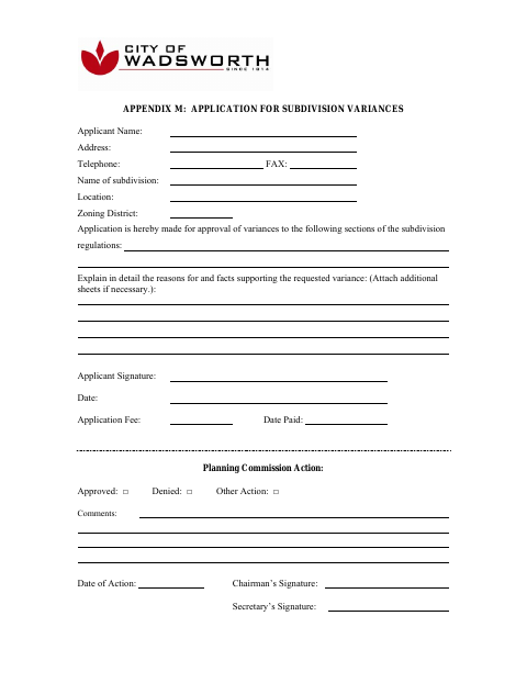 First page of the Application for Subdivision Variances