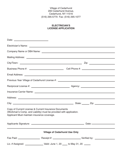 First page of the Electrician’s License Application