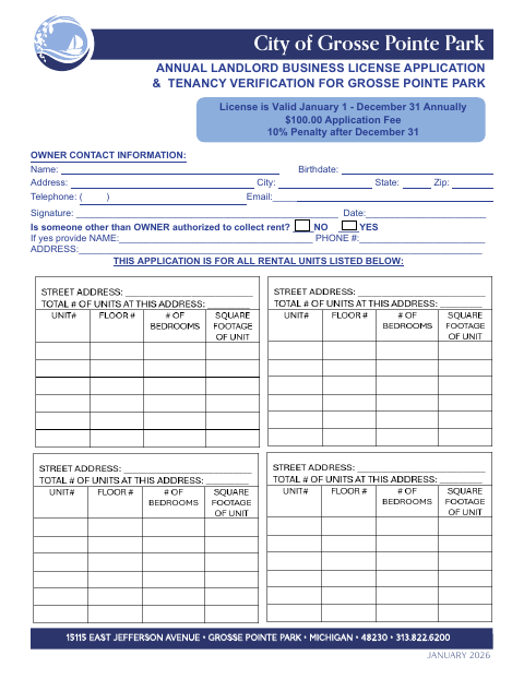 First page of the Annual Landlord Business License Application & Tenancy Verification