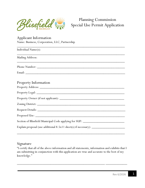 First page of the Special Use Permit Application