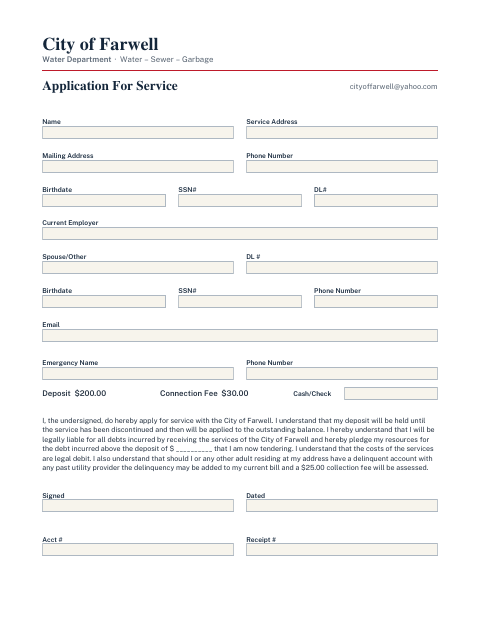 First page of the Water, Sewer, and Garbage Application for Service