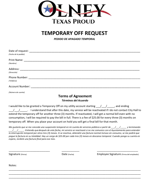 First page of the Temporary Off Request