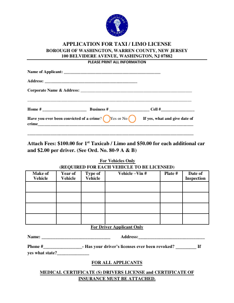 First page of the Taxi / Limo License Application