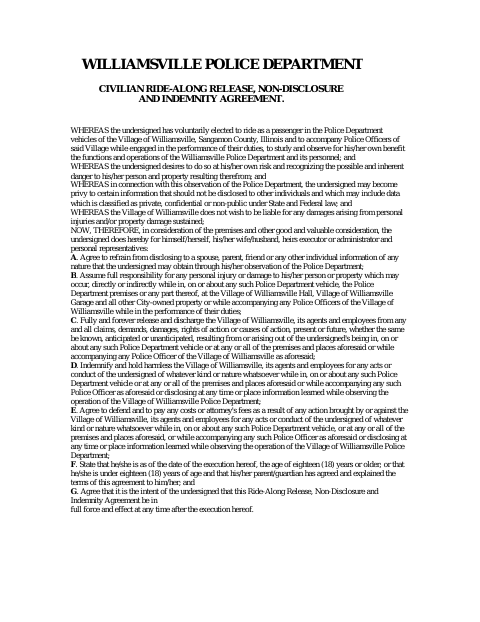 First page of the Civilian Ride-Along Release, Non-Disclosure and Indemnity Agreement