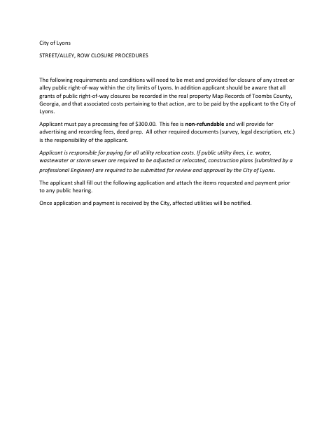 First page of the Application for Street or Alley Closing