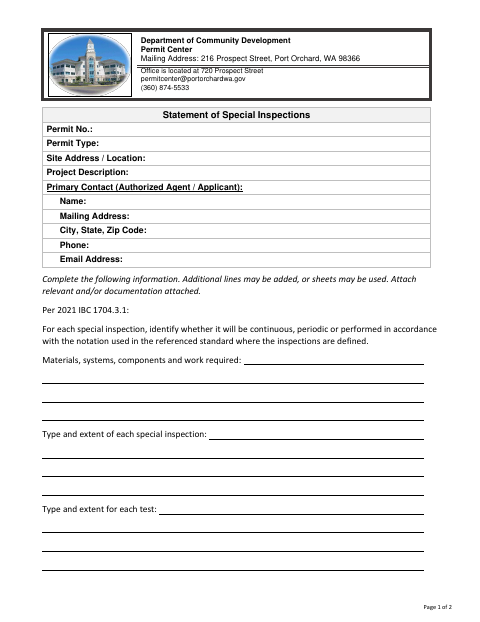 First page of the Statement of Special Inspections