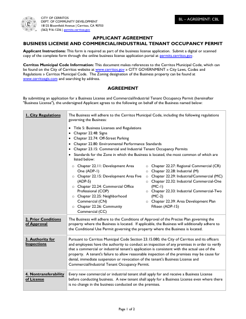 First page of the Applicant Agreement for Business License and Commercial/Industrial Tenant Occupancy Permit