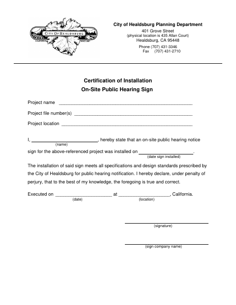 First page of the Certification of Installation On-Site Public Hearing Sign