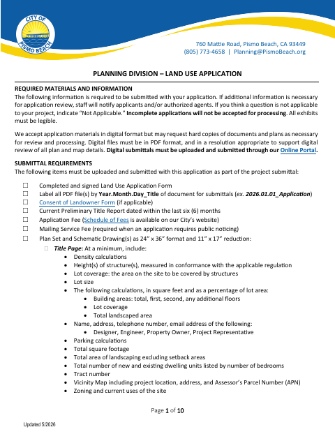 First page of the Planning Land Use Application