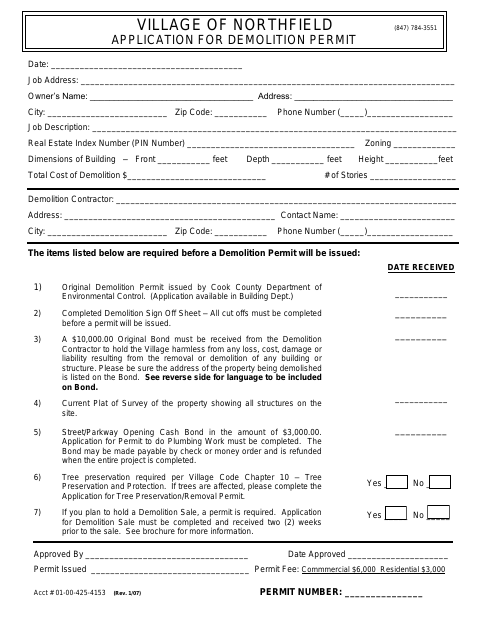 First page of the Application for Demolition Permit