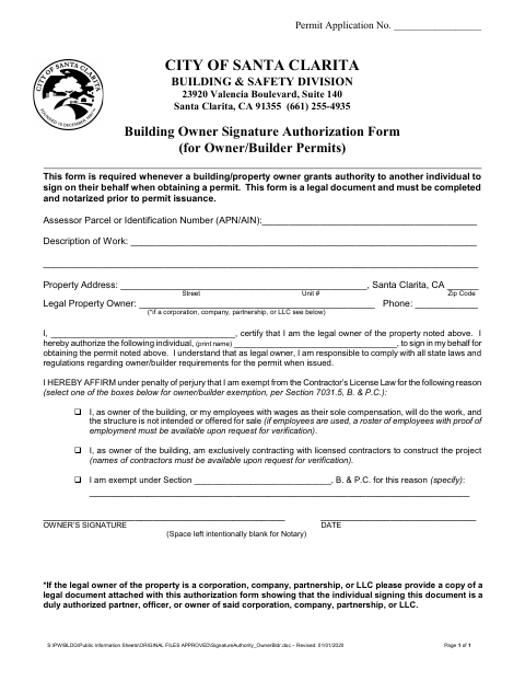 First page of the Building Owner Signature Authorization Form