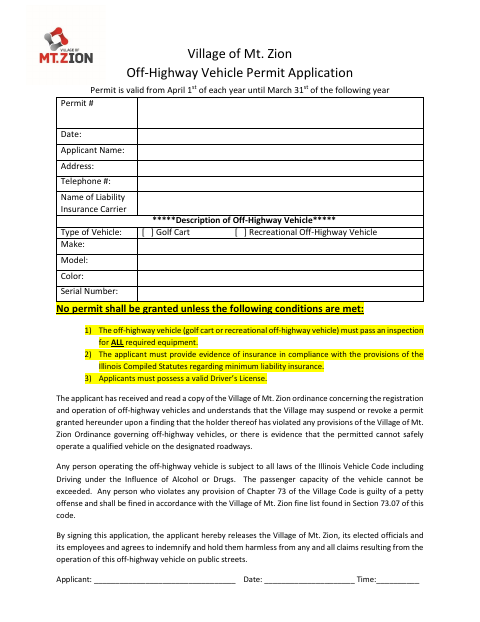 First page of the Off-Highway Vehicle Permit Application