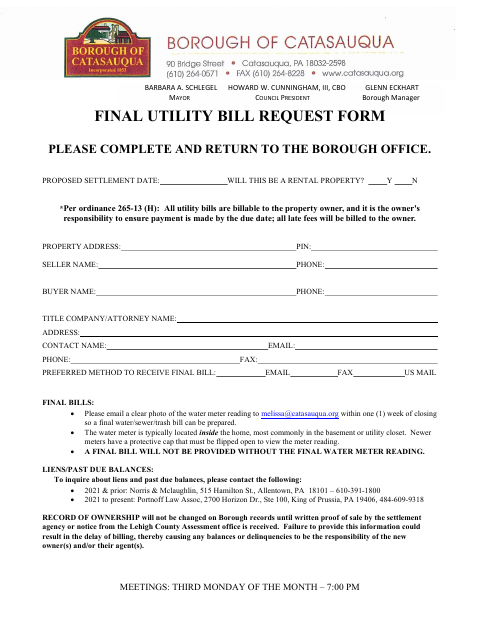 First page of the Final Utility Bill Request Form