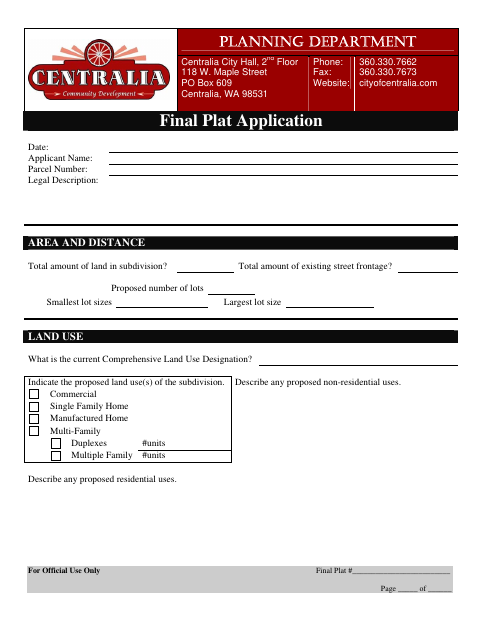 First page of the Final Plat Application