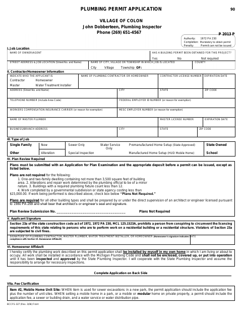First page of the Plumbing Permit Application