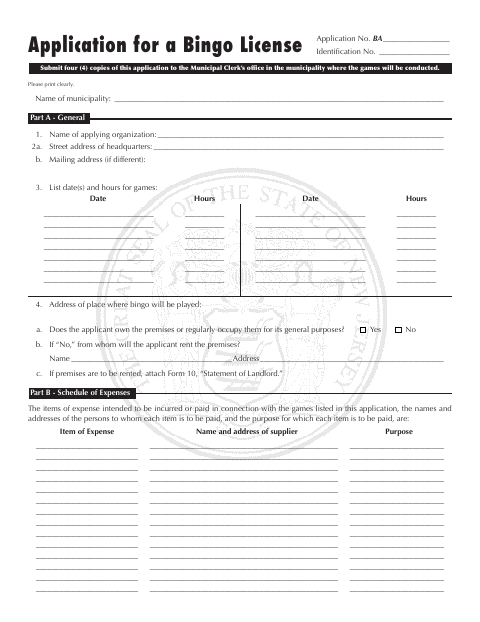 First page of the Application for a Bingo License