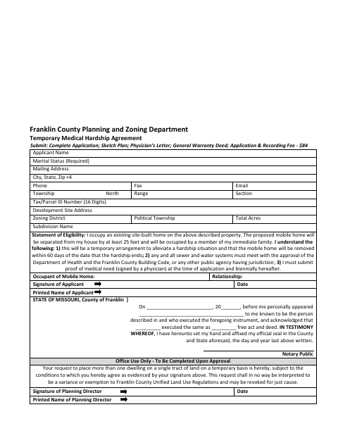 First page of the Temporary Medical Hardship Agreement