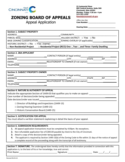 First page of the Zoning Board of Appeals Appeal Application, Checklist & Instructions
