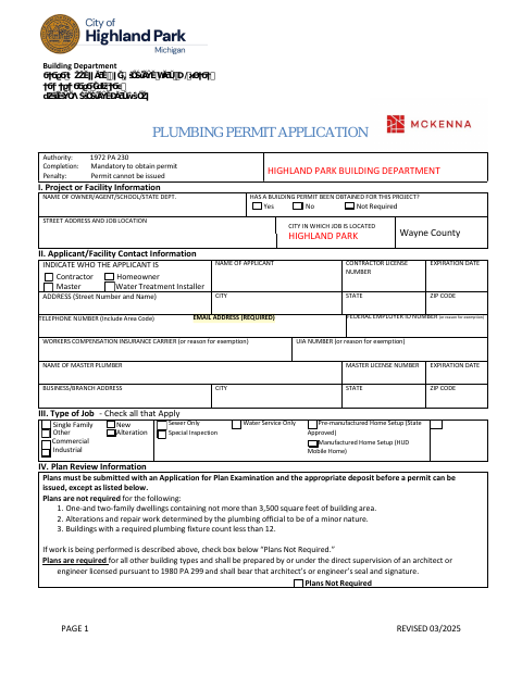 First page of the Plumbing Permit Application