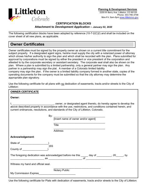 First page of the Development Plan Certification Blocks
