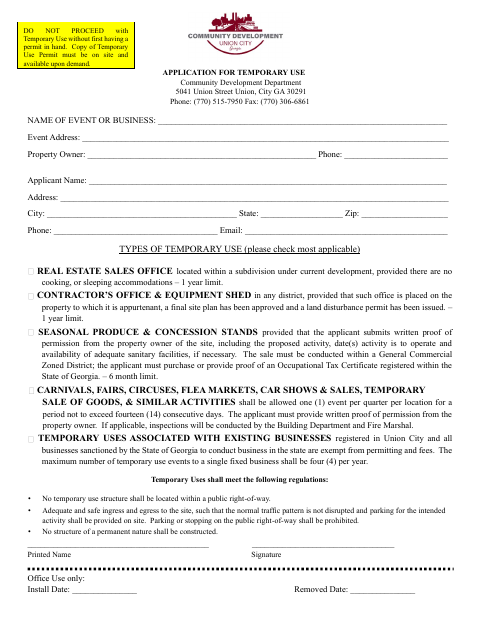 First page of the Temporary Use Application