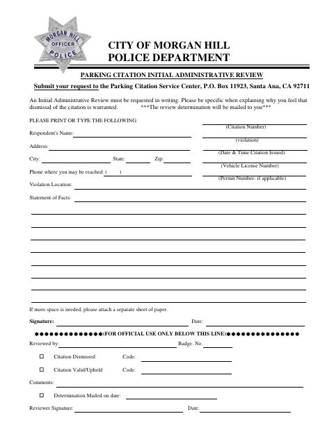 First page of the Parking Citation Initial Administrative Review