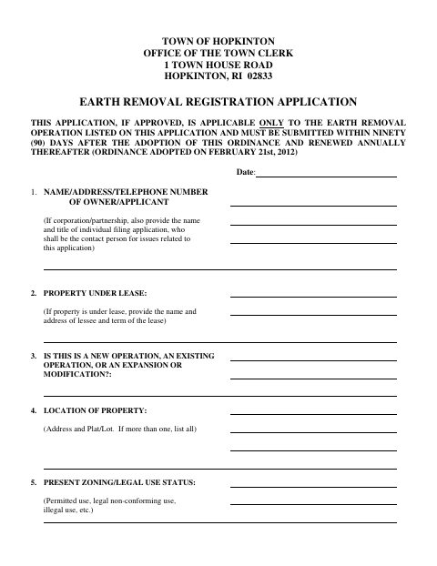 First page of the Earth Removal Registration Application