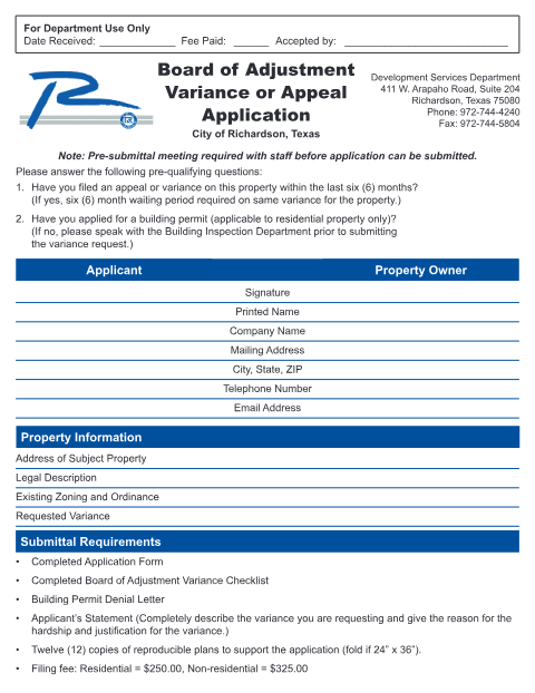 First page of the Board of Adjustment Variance or Appeal Application