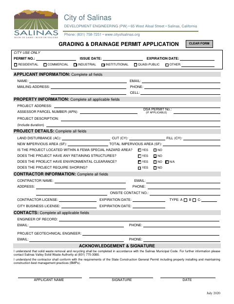 First page of the Grading & Drainage Permit Application