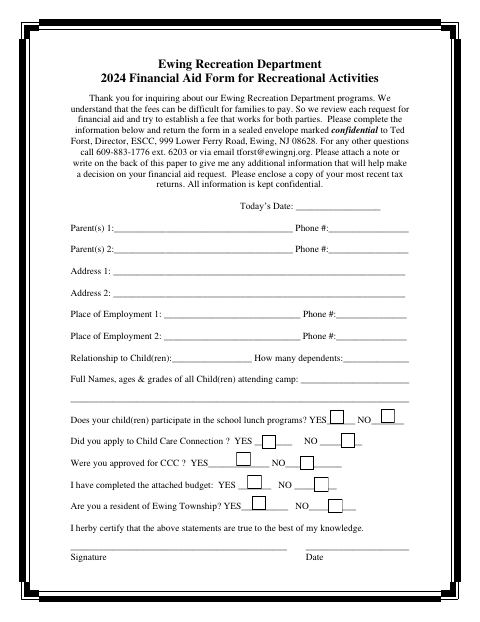 First page of the Financial Aid Form for Recreational Activities