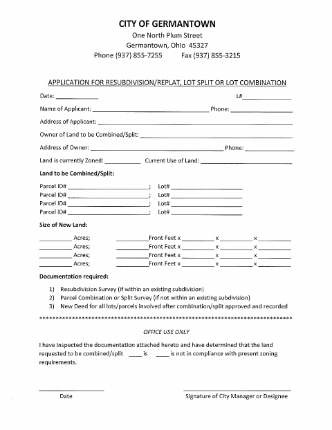 First page of the Application for Resubdivision/Replat, Lot Split or Lot Combination