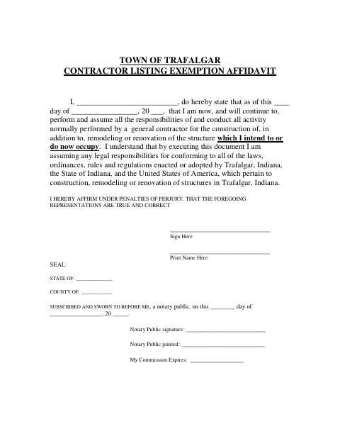 First page of the Contractor Listing Exemption Affidavit