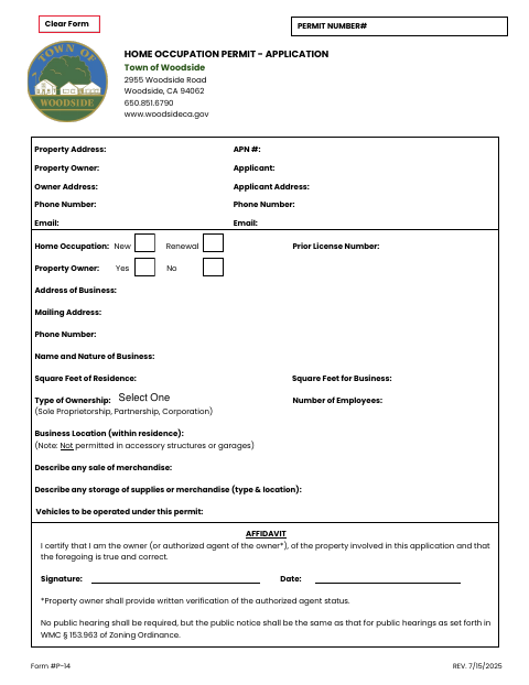First page of the Home Occupation Permit Application