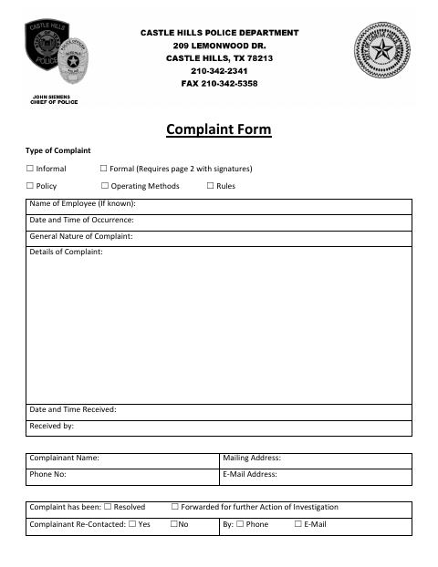 First page of the Citizen Complaint Form