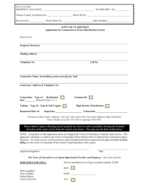 First page of the Application for Connection to Water Distribution System